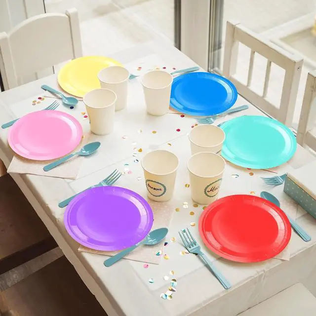 Alt view image 5 of 7 - Colored Paper Plates,60Pcs 7Inch Rainbow Paper Plates,Party Decorations Tableware Set,Round Colorful Dessert Plate,for Birthday,Anniversary,Holiday,Wedding,Graduation Party Decorations,Serves 60