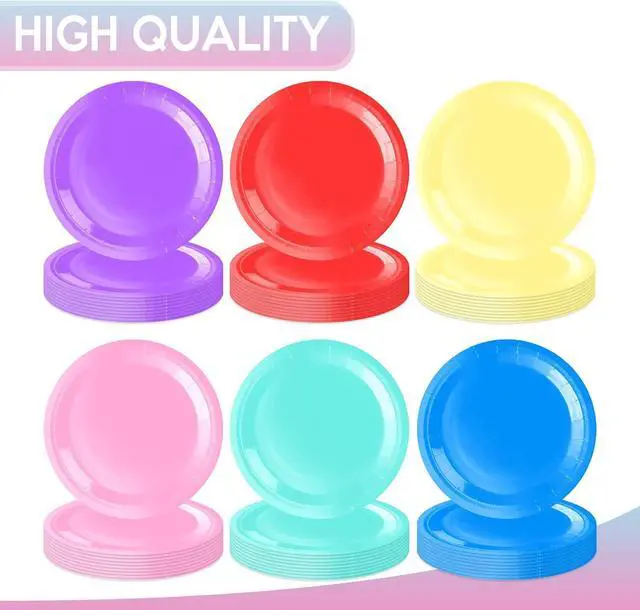 Alt view image 4 of 7 - Colored Paper Plates,60Pcs 7Inch Rainbow Paper Plates,Party Decorations Tableware Set,Round Colorful Dessert Plate,for Birthday,Anniversary,Holiday,Wedding,Graduation Party Decorations,Serves 60
