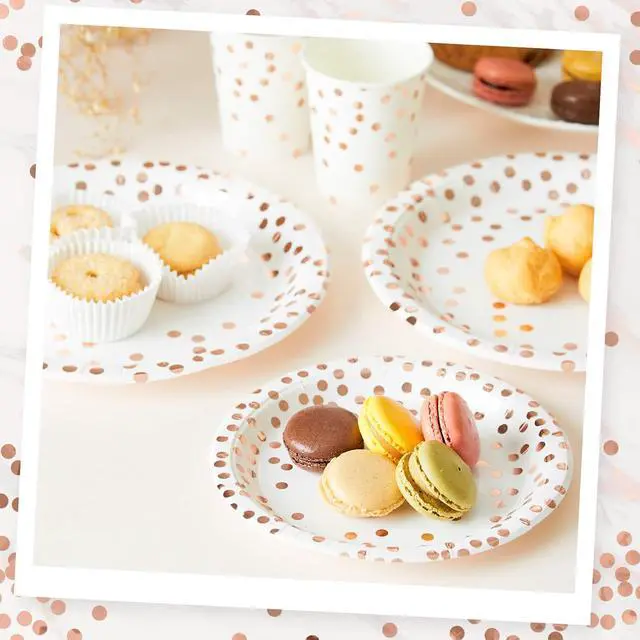 Alt view image 2 of 7 - MATICAN Party Paper Plates, 50-Pack Disposable White and Rose Gold Plates, Foil Polka Dots, 9-Inch