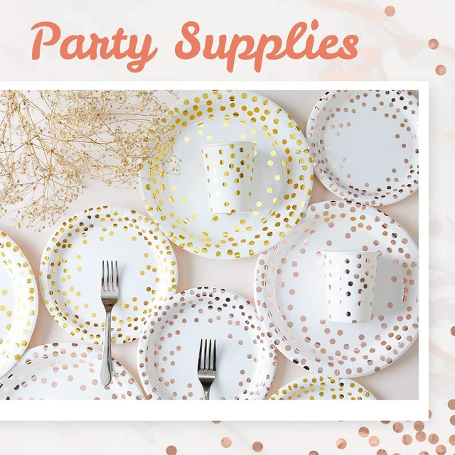 Alt view image 3 of 7 - MATICAN Party Paper Plates, 50-Pack Disposable White and Rose Gold Plates, Foil Polka Dots, 9-Inch