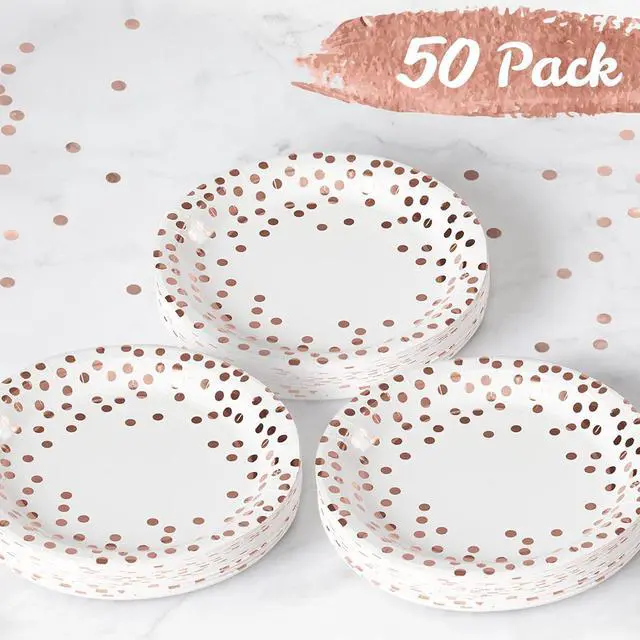 Alt view image 6 of 7 - MATICAN Party Paper Plates, 50-Pack Disposable White and Rose Gold Plates, Foil Polka Dots, 9-Inch