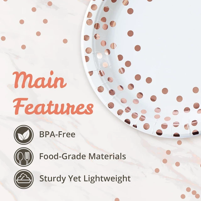 Alt view image 5 of 7 - MATICAN Party Paper Plates, 50-Pack Disposable White and Rose Gold Plates, Foil Polka Dots, 9-Inch