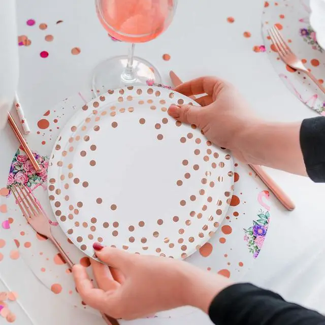 Alt view image 7 of 7 - MATICAN Party Paper Plates, 50-Pack Disposable White and Rose Gold Plates, Foil Polka Dots, 9-Inch