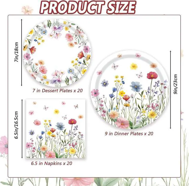Alt view image 2 of 7 - 60 PCS Wildflower Party Supplies Flower Paper Plates and Napkins Spring Floral Theme Decoration Tableware for Birthday Baby Shower Wedding Picnic Afternoon Tea Garden Party Serve 20 Guests
