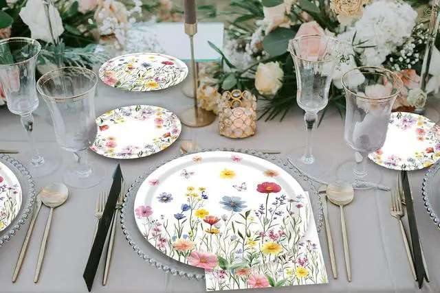 Alt view image 5 of 7 - 60 PCS Wildflower Party Supplies Flower Paper Plates and Napkins Spring Floral Theme Decoration Tableware for Birthday Baby Shower Wedding Picnic Afternoon Tea Garden Party Serve 20 Guests