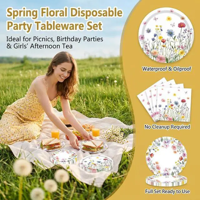 Alt view image 6 of 7 - 60 PCS Wildflower Party Supplies Flower Paper Plates and Napkins Spring Floral Theme Decoration Tableware for Birthday Baby Shower Wedding Picnic Afternoon Tea Garden Party Serve 20 Guests
