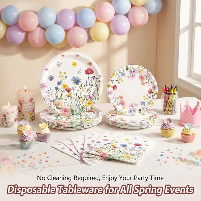 Alt view image 7 of 7 - 60 PCS Wildflower Party Supplies Flower Paper Plates and Napkins Spring Floral Theme Decoration Tableware for Birthday Baby Shower Wedding Picnic Afternoon Tea Garden Party Serve 20 Guests