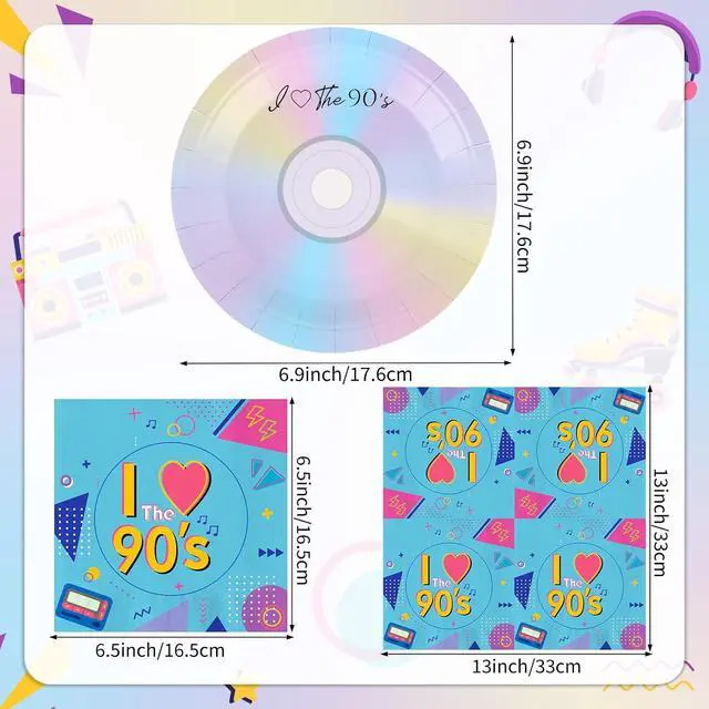 Alt view image 3 of 7 - 50Pcs 90's Party Paper Plates and Napkins for 90's Dessert Plates 1990 Theme Decoration 90s Tableware Set for Back to The 90s Birthday Party Supplies, Serves 25