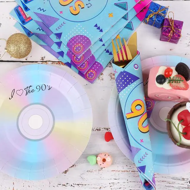 Alt view image 2 of 7 - 50Pcs 90's Party Paper Plates and Napkins for 90's Dessert Plates 1990 Theme Decoration 90s Tableware Set for Back to The 90s Birthday Party Supplies, Serves 25