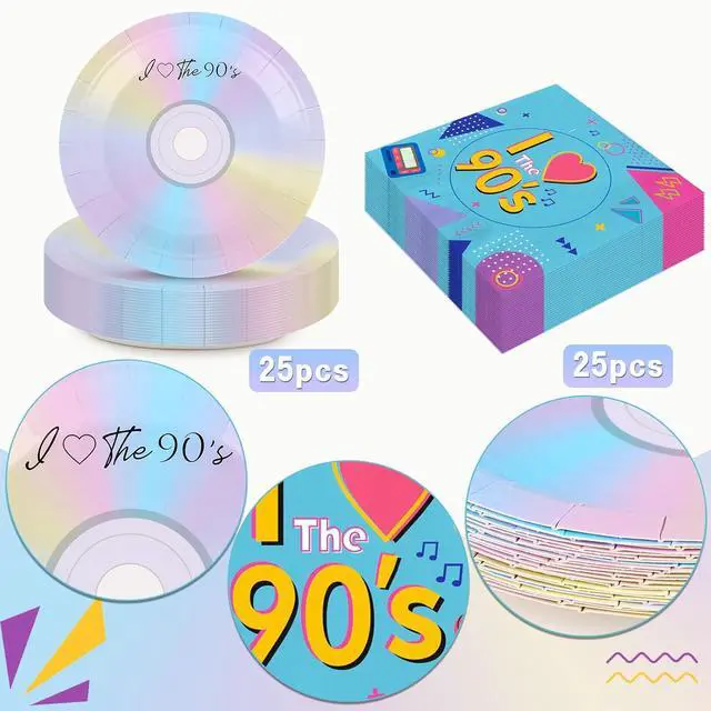 Alt view image 4 of 7 - 50Pcs 90's Party Paper Plates and Napkins for 90's Dessert Plates 1990 Theme Decoration 90s Tableware Set for Back to The 90s Birthday Party Supplies, Serves 25