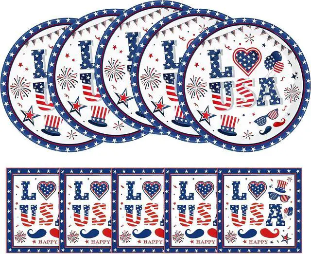 Main image of 4th of July Plates and Napkins Set, 9 Inch Red White Blue Patriotic Paper Plates 20PCS American Napkins 20PCS Disposable Independence Day Party Supplies Decorations