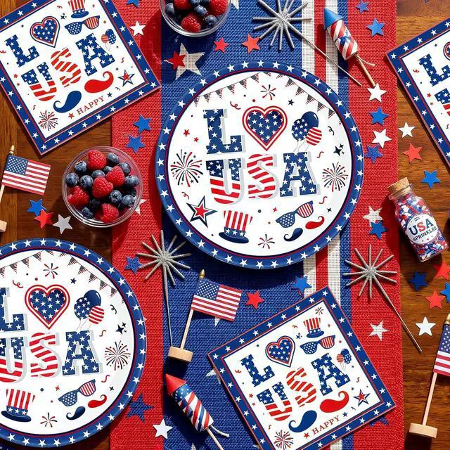 Alt view image 3 of 7 - 4th of July Plates and Napkins Set, 9 Inch Red White Blue Patriotic Paper Plates 20PCS American Napkins 20PCS Disposable Independence Day Party Supplies Decorations