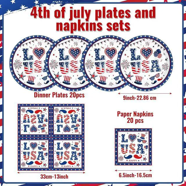 Alt view image 5 of 7 - 4th of July Plates and Napkins Set, 9 Inch Red White Blue Patriotic Paper Plates 20PCS American Napkins 20PCS Disposable Independence Day Party Supplies Decorations