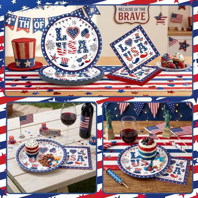 Alt view image 6 of 7 - 4th of July Plates and Napkins Set, 9 Inch Red White Blue Patriotic Paper Plates 20PCS American Napkins 20PCS Disposable Independence Day Party Supplies Decorations