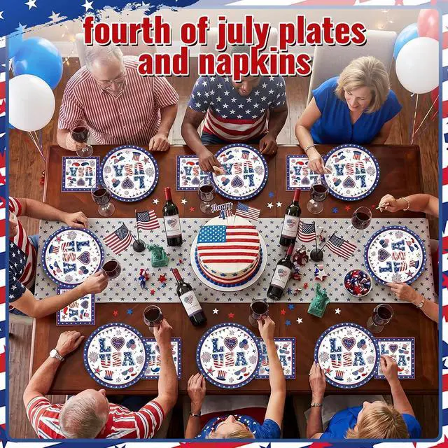 Alt view image 4 of 7 - 4th of July Plates and Napkins Set, 9 Inch Red White Blue Patriotic Paper Plates 20PCS American Napkins 20PCS Disposable Independence Day Party Supplies Decorations