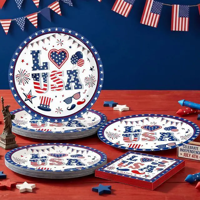 Alt view image 2 of 7 - 4th of July Plates and Napkins Set, 9 Inch Red White Blue Patriotic Paper Plates 20PCS American Napkins 20PCS Disposable Independence Day Party Supplies Decorations