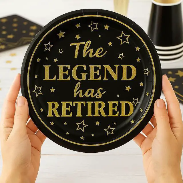 Alt view image 2 of 7 - 50-Pack Retirement Party Paper Plates 7" The Legend Has Retired Black and Gold Disposable Plates for Retirees Premium Paper Plates for Retirement Party Supplies, Coworkers, Teachers