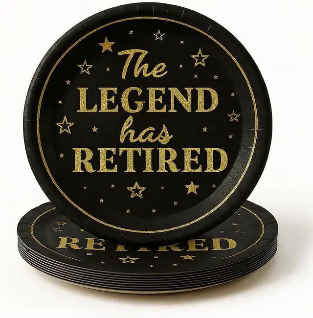 Main image of 50-Pack Retirement Party Paper Plates 7" The Legend Has Retired Black and Gold Disposable Plates for Retirees Premium Paper Plates for Retirement Party Supplies, Coworkers, Teachers