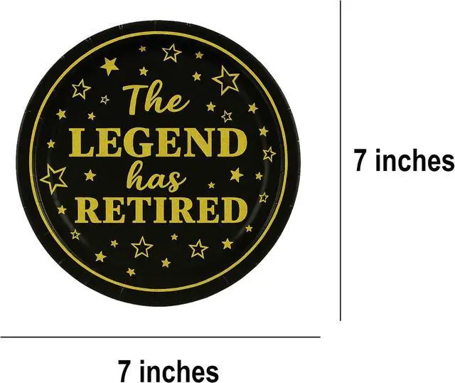 Alt view image 4 of 7 - 50-Pack Retirement Party Paper Plates 7" The Legend Has Retired Black and Gold Disposable Plates for Retirees Premium Paper Plates for Retirement Party Supplies, Coworkers, Teachers