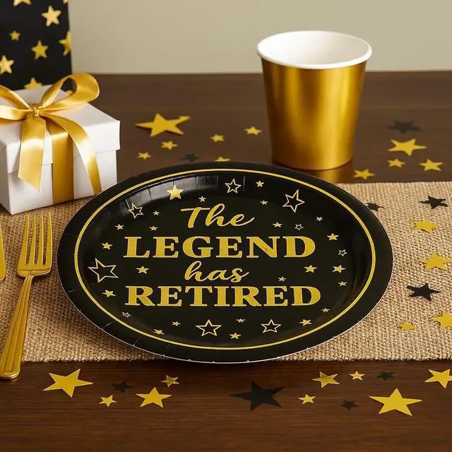 Alt view image 5 of 7 - 50-Pack Retirement Party Paper Plates 7" The Legend Has Retired Black and Gold Disposable Plates for Retirees Premium Paper Plates for Retirement Party Supplies, Coworkers, Teachers