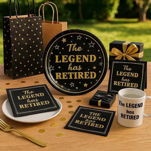 Alt view image 3 of 7 - 50-Pack Retirement Party Paper Plates 7" The Legend Has Retired Black and Gold Disposable Plates for Retirees Premium Paper Plates for Retirement Party Supplies, Coworkers, Teachers