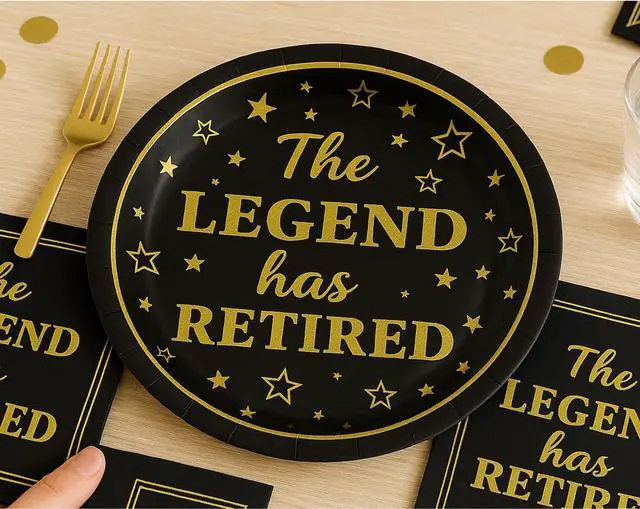 Alt view image 6 of 7 - 50-Pack Retirement Party Paper Plates 7" The Legend Has Retired Black and Gold Disposable Plates for Retirees Premium Paper Plates for Retirement Party Supplies, Coworkers, Teachers