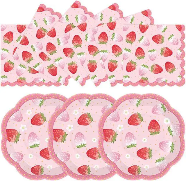 Main image of 50pcs Strawberry Paper Plates and Napkins Party Decorations, 7 inch Disposable Berry Birthday Dessert Plates and Napkins Fruit Themed Tableware Set Supplies for Summer Sweet One Baby Shower Berry 1st