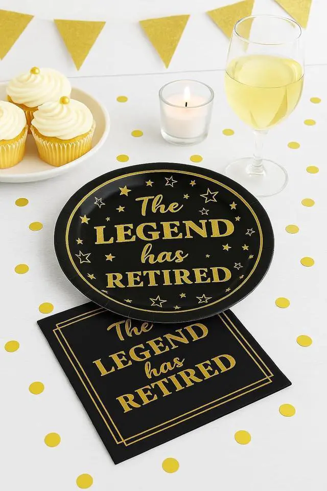 Alt view image 7 of 7 - 50-Pack Retirement Party Paper Plates 7" The Legend Has Retired Black and Gold Disposable Plates for Retirees Premium Paper Plates for Retirement Party Supplies, Coworkers, Teachers