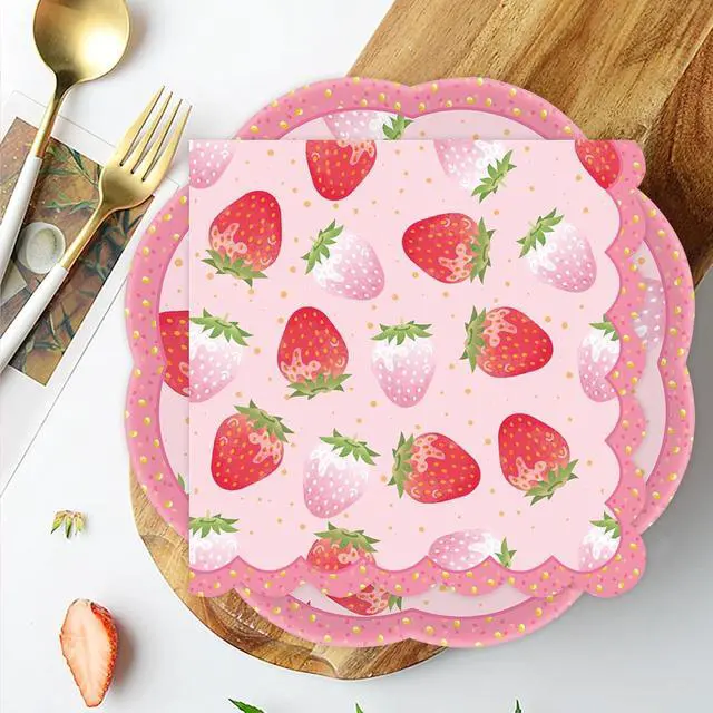 Alt view image 2 of 7 - 50pcs Strawberry Paper Plates and Napkins Party Decorations, 7 inch Disposable Berry Birthday Dessert Plates and Napkins Fruit Themed Tableware Set Supplies for Summer Sweet One Baby Shower Berry 1st