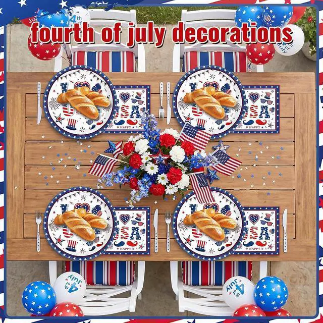 Alt view image 7 of 7 - 4th of July Plates and Napkins Set, 9 Inch Red White Blue Patriotic Paper Plates 20PCS American Napkins 20PCS Disposable Independence Day Party Supplies Decorations