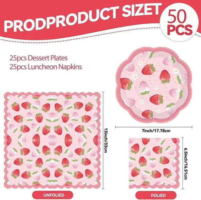 Alt view image 3 of 7 - 50pcs Strawberry Paper Plates and Napkins Party Decorations, 7 inch Disposable Berry Birthday Dessert Plates and Napkins Fruit Themed Tableware Set Supplies for Summer Sweet One Baby Shower Berry 1st
