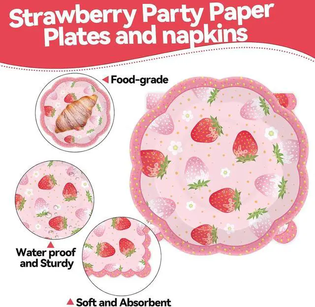 Alt view image 4 of 7 - 50pcs Strawberry Paper Plates and Napkins Party Decorations, 7 inch Disposable Berry Birthday Dessert Plates and Napkins Fruit Themed Tableware Set Supplies for Summer Sweet One Baby Shower Berry 1st