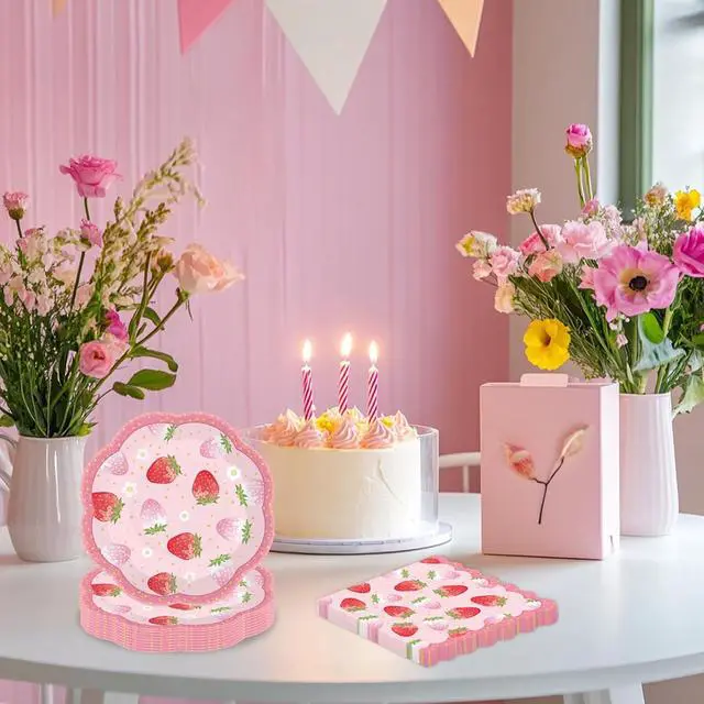 Alt view image 5 of 7 - 50pcs Strawberry Paper Plates and Napkins Party Decorations, 7 inch Disposable Berry Birthday Dessert Plates and Napkins Fruit Themed Tableware Set Supplies for Summer Sweet One Baby Shower Berry 1st