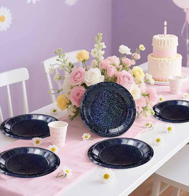 Alt view image 2 of 7 - SietDESEO 50 PCS Iridescent Black Paper Plates 7 Inch Dessert Plates Holographic Black Disposable Plate for Birthday Party Dinner Wedding Baby Shower Glitter Cake Plate