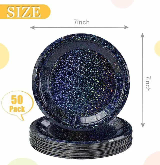 Alt view image 3 of 7 - SietDESEO 50 PCS Iridescent Black Paper Plates 7 Inch Dessert Plates Holographic Black Disposable Plate for Birthday Party Dinner Wedding Baby Shower Glitter Cake Plate