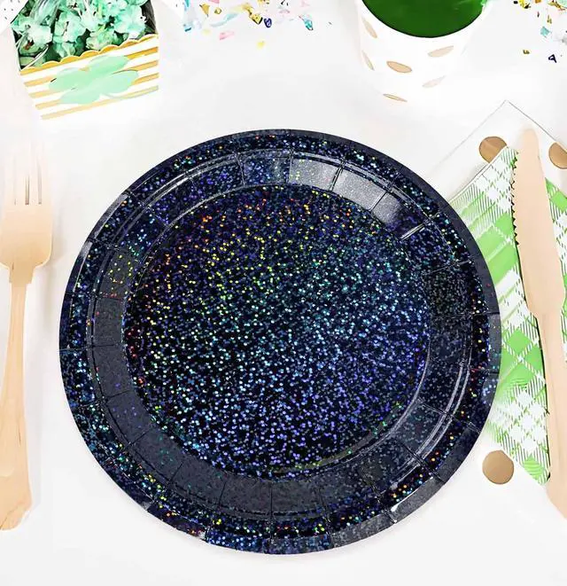 Alt view image 4 of 7 - SietDESEO 50 PCS Iridescent Black Paper Plates 7 Inch Dessert Plates Holographic Black Disposable Plate for Birthday Party Dinner Wedding Baby Shower Glitter Cake Plate