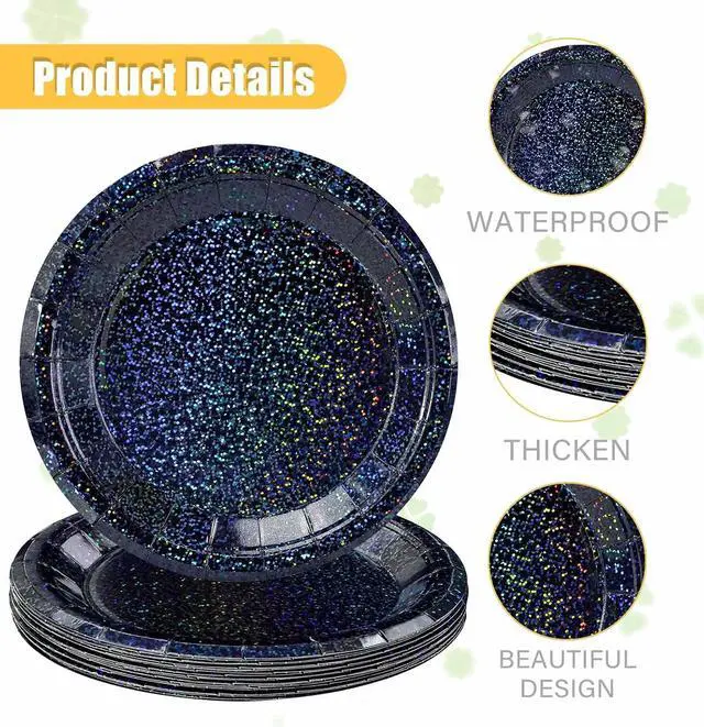 Alt view image 5 of 7 - SietDESEO 50 PCS Iridescent Black Paper Plates 7 Inch Dessert Plates Holographic Black Disposable Plate for Birthday Party Dinner Wedding Baby Shower Glitter Cake Plate