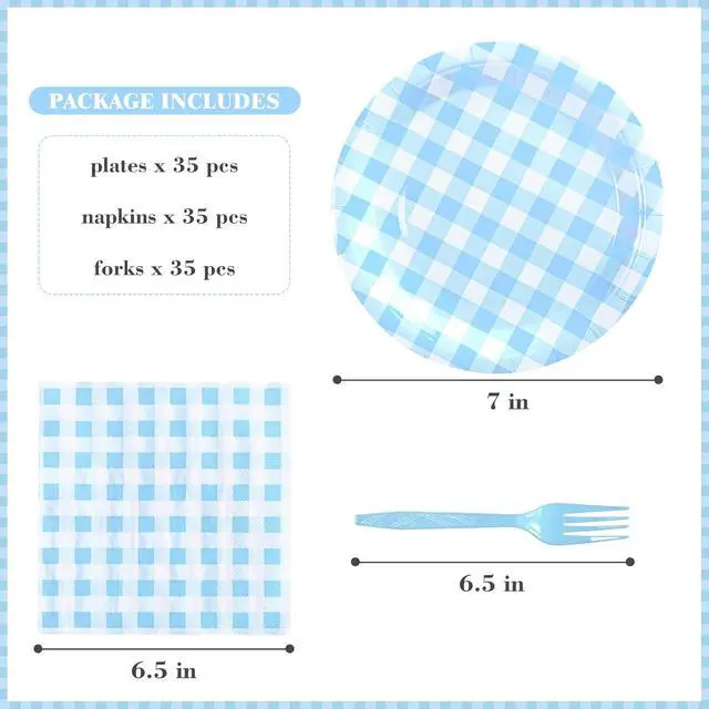 Alt view image 2 of 7 - 105 Pcs Light Blue Gingham Party Supplies Include 7 Inch Disposable Light Blue Dessert Paper Plates and Napkins for Wedding Birthday Party