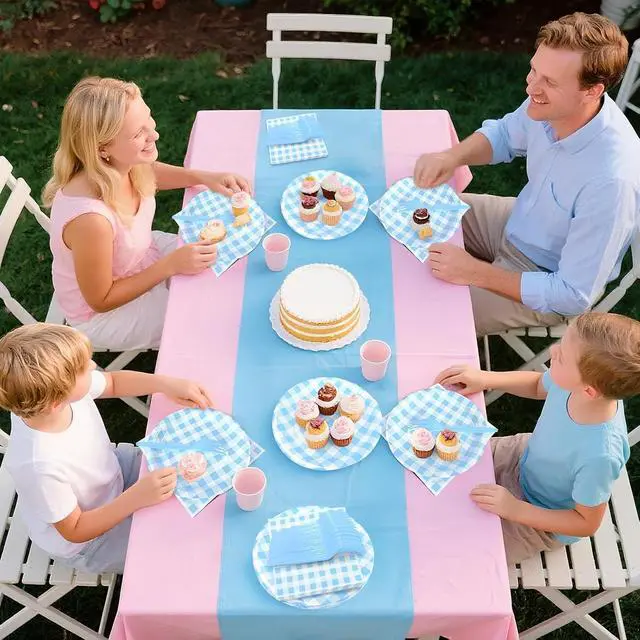 Alt view image 4 of 7 - 105 Pcs Light Blue Gingham Party Supplies Include 7 Inch Disposable Light Blue Dessert Paper Plates and Napkins for Wedding Birthday Party