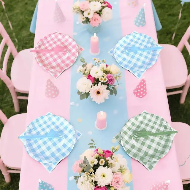 Alt view image 6 of 7 - 105 Pcs Light Blue Gingham Party Supplies Include 7 Inch Disposable Light Blue Dessert Paper Plates and Napkins for Wedding Birthday Party