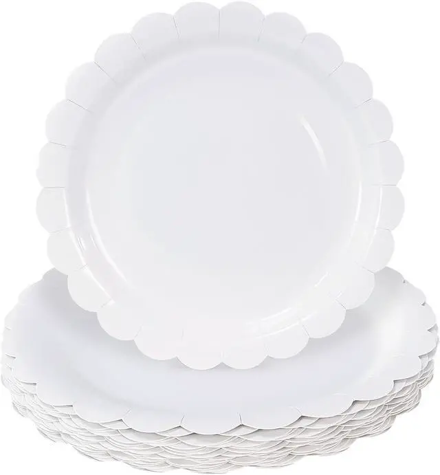 Main image of HEIPINIUYE 25 Pieces White Paper Plates 9 Inch White Scalloped Plates Disposable Dinner Plate for Wedding Baby Shower Birthday Party Dessert Plate