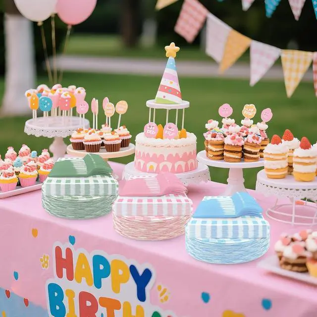 Alt view image 5 of 7 - 105 Pcs Light Blue Gingham Party Supplies Include 7 Inch Disposable Light Blue Dessert Paper Plates and Napkins for Wedding Birthday Party