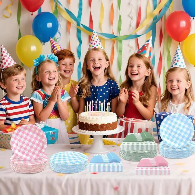 Alt view image 7 of 7 - 105 Pcs Light Blue Gingham Party Supplies Include 7 Inch Disposable Light Blue Dessert Paper Plates and Napkins for Wedding Birthday Party
