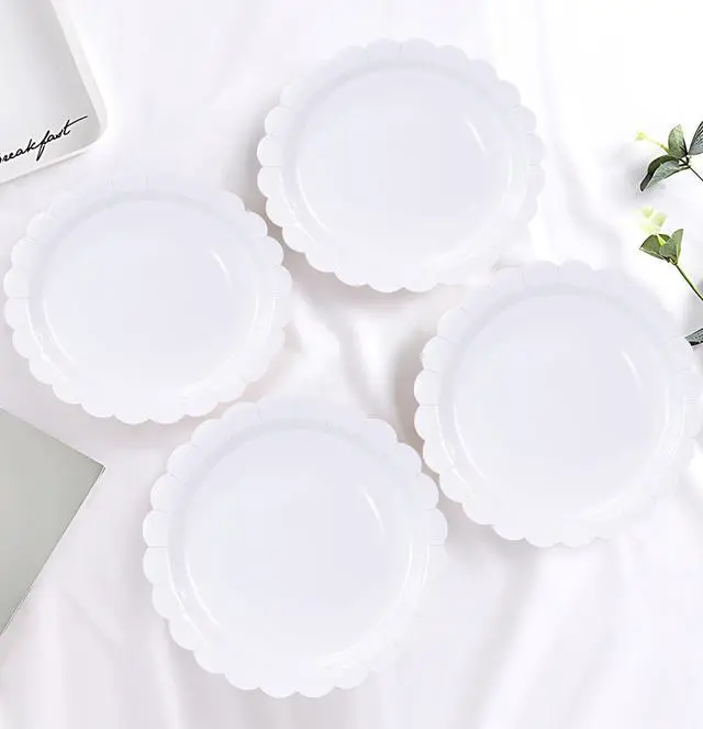 Alt view image 5 of 7 - HEIPINIUYE 25 Pieces White Paper Plates 9 Inch White Scalloped Plates Disposable Dinner Plate for Wedding Baby Shower Birthday Party Dessert Plate