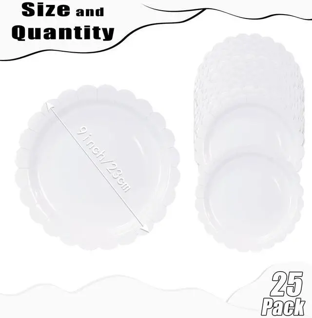 Alt view image 3 of 7 - HEIPINIUYE 25 Pieces White Paper Plates 9 Inch White Scalloped Plates Disposable Dinner Plate for Wedding Baby Shower Birthday Party Dessert Plate