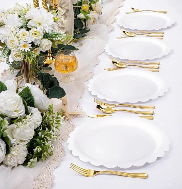 Alt view image 6 of 7 - HEIPINIUYE 25 Pieces White Paper Plates 9 Inch White Scalloped Plates Disposable Dinner Plate for Wedding Baby Shower Birthday Party Dessert Plate