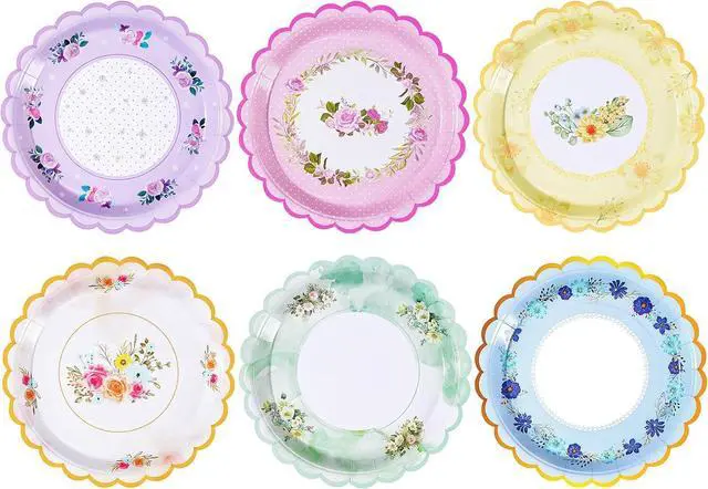 Main image of 48 PCS Floral Disposable Paper Plates, 7 Inch Scalloped Tea Party Plates