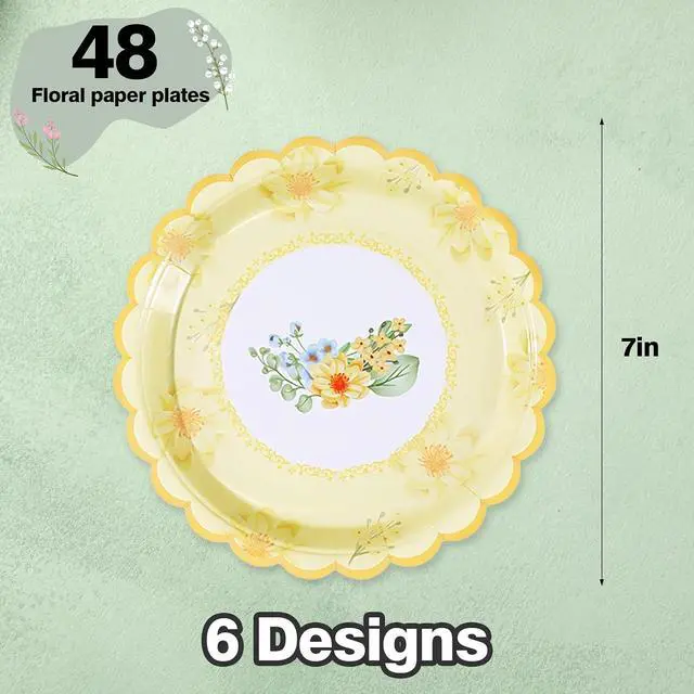 Alt view image 3 of 7 - 48 PCS Floral Disposable Paper Plates, 7 Inch Scalloped Tea Party Plates