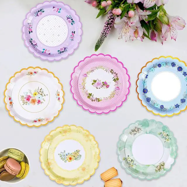 Alt view image 2 of 7 - 48 PCS Floral Disposable Paper Plates, 7 Inch Scalloped Tea Party Plates
