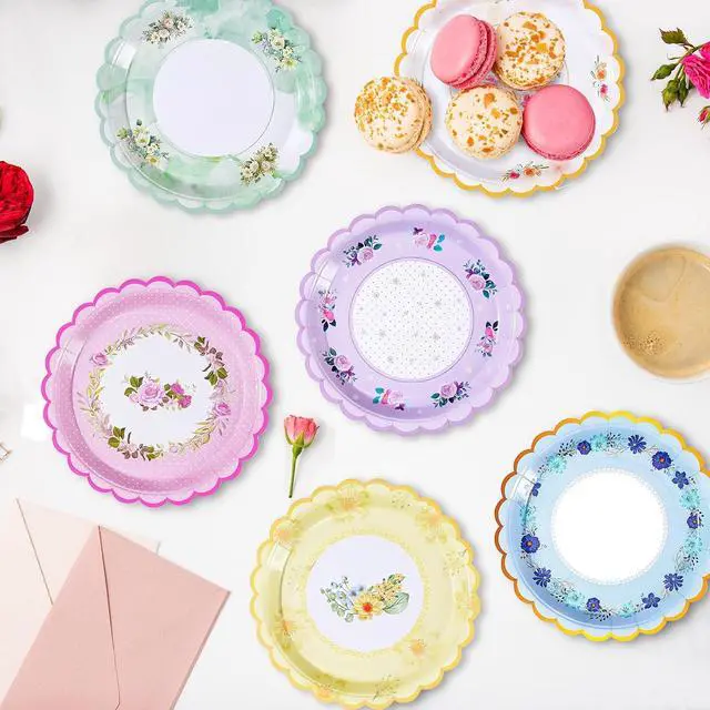 Alt view image 7 of 7 - 48 PCS Floral Disposable Paper Plates, 7 Inch Scalloped Tea Party Plates